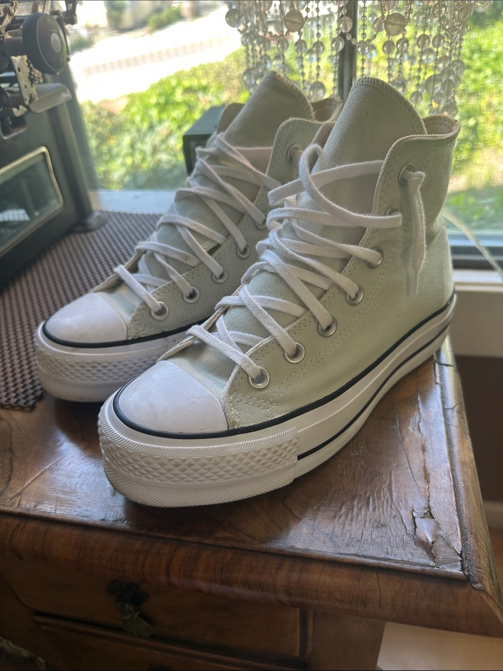 Converse High-Top Platform Canvas Sneakers in Light Sage and White